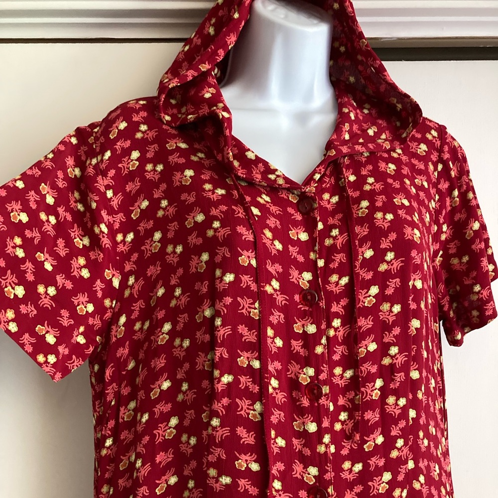 Vintage Y2K Red Short Sleeve Hooded Drawstring Floral Button Up Y2K Maxi Dress M - Picture 4 of 13